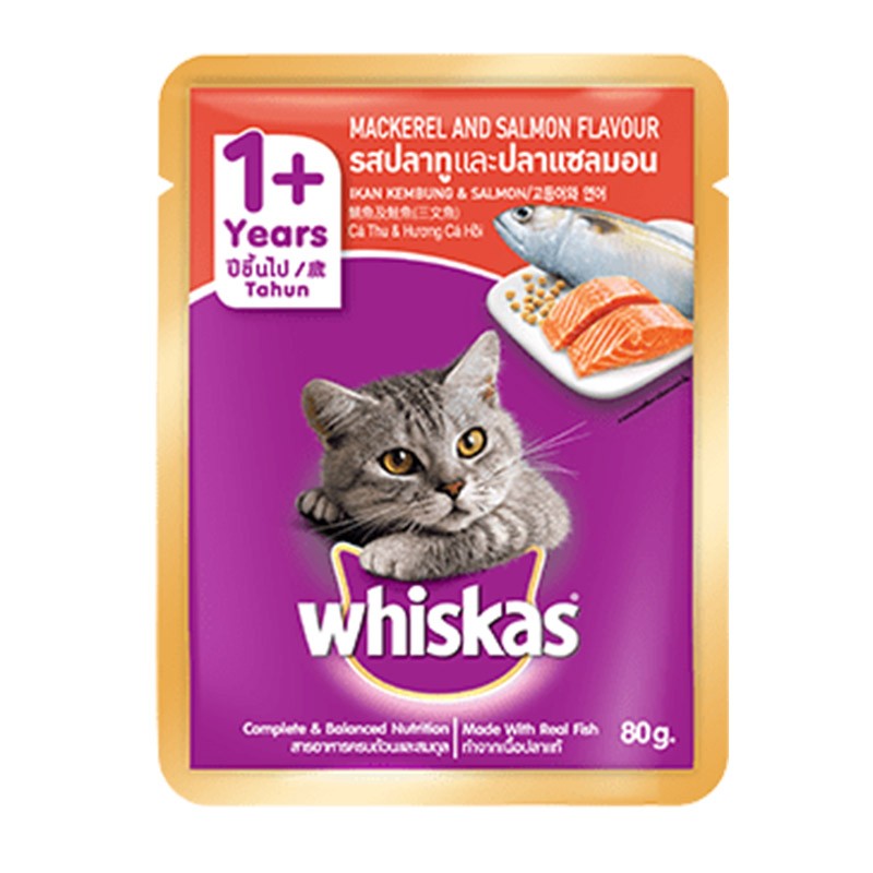 Whiskas Pouch Adult Cat 1+ Yrs Mackerel and Salmon 80g